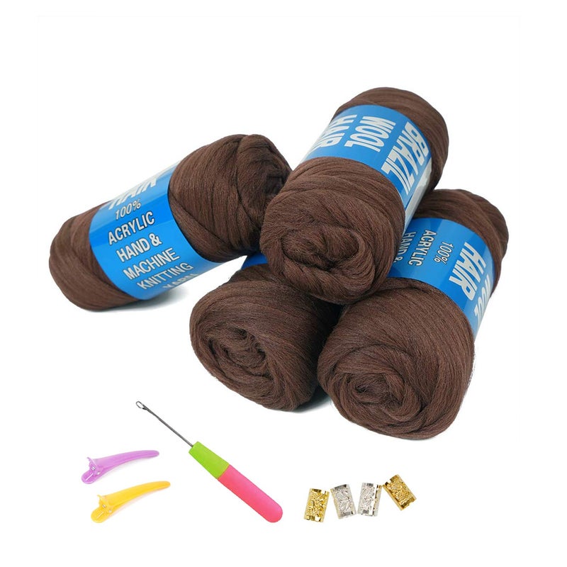 Youngther 100% Brazilian Wool Hair Acrylic Yarn for African Braids/Senegalese Twist/Faux Locs/Wraps and Crochet Hook(4 Roll, Red Brown) - Image 1